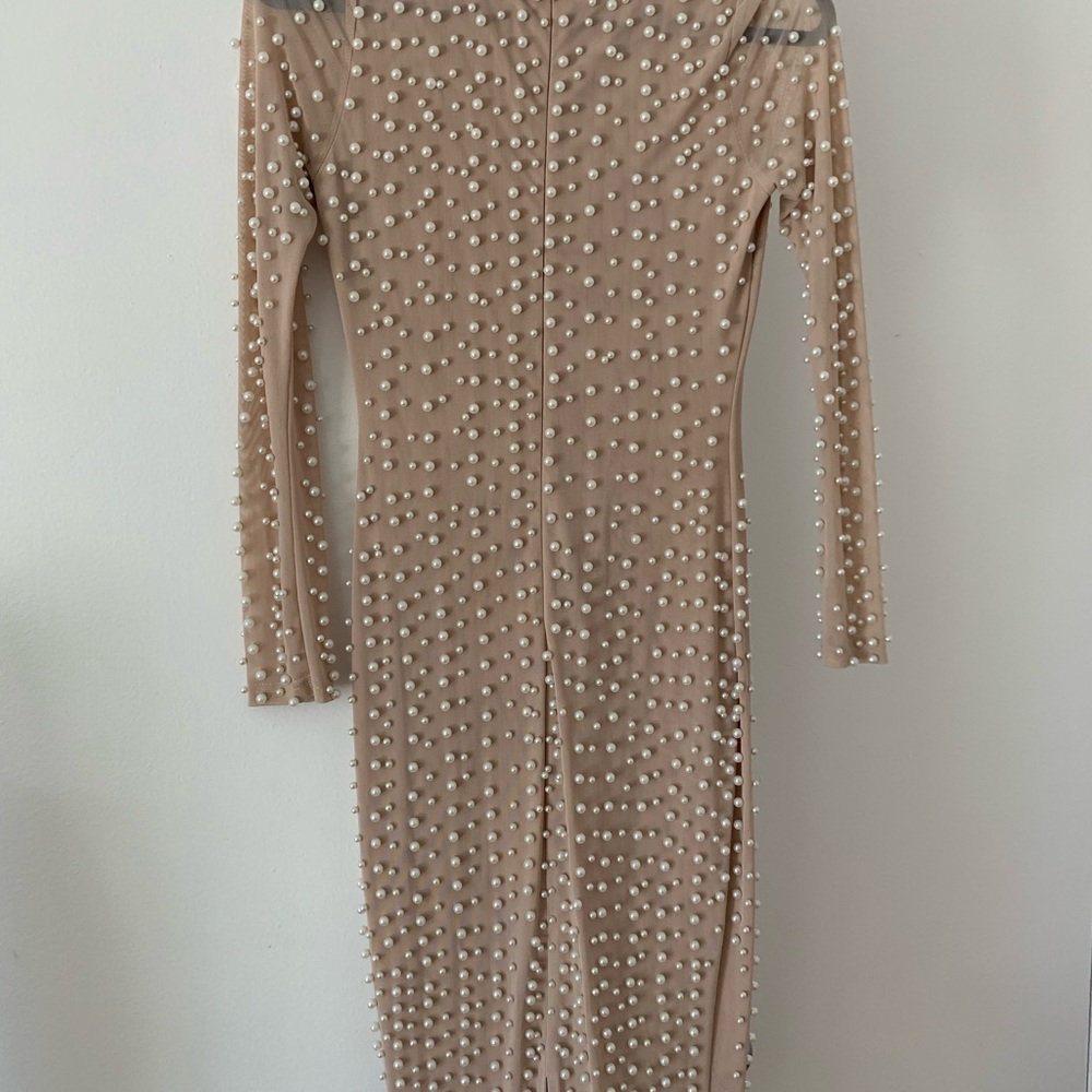Pearl embellished nude dress